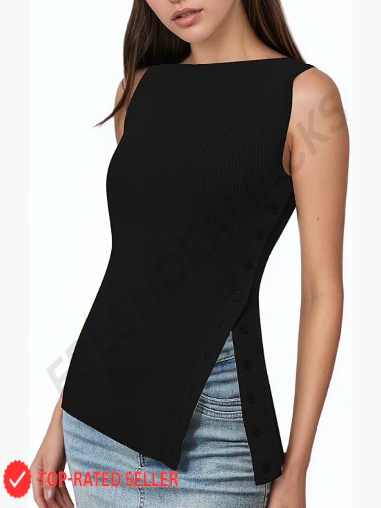 Asymmetrical Button Down Side Split Sleeveless Knit Vest Slim Fit Chic